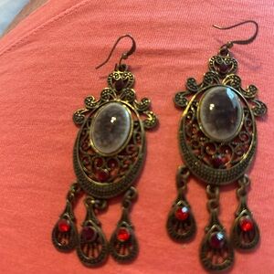 Elegant Gold and Red Filigree Earrings